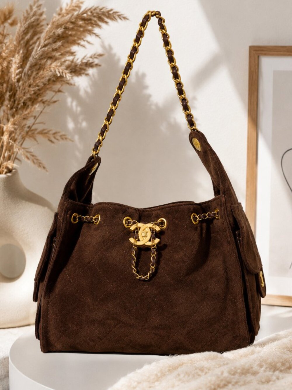 Brown Textured Shoulder Bag Gold Chain Drawstring Luxury Style Handbag